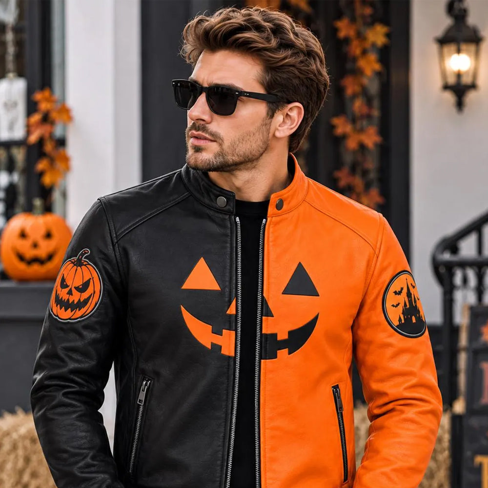 Male model wearing a black and orange Halloween cafe racer leather jacket