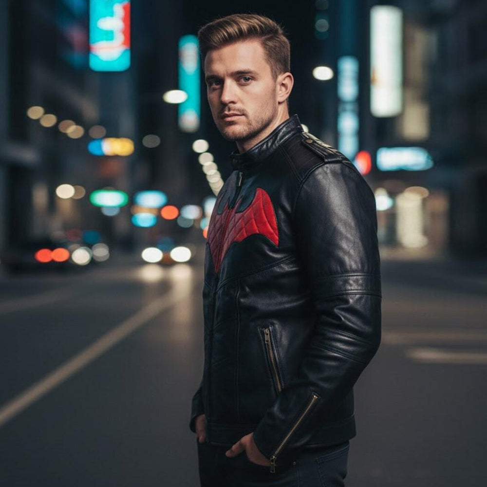 Man wearing a black Halloween leather jacket with red bat-wing appliqué in a nighttime city setting