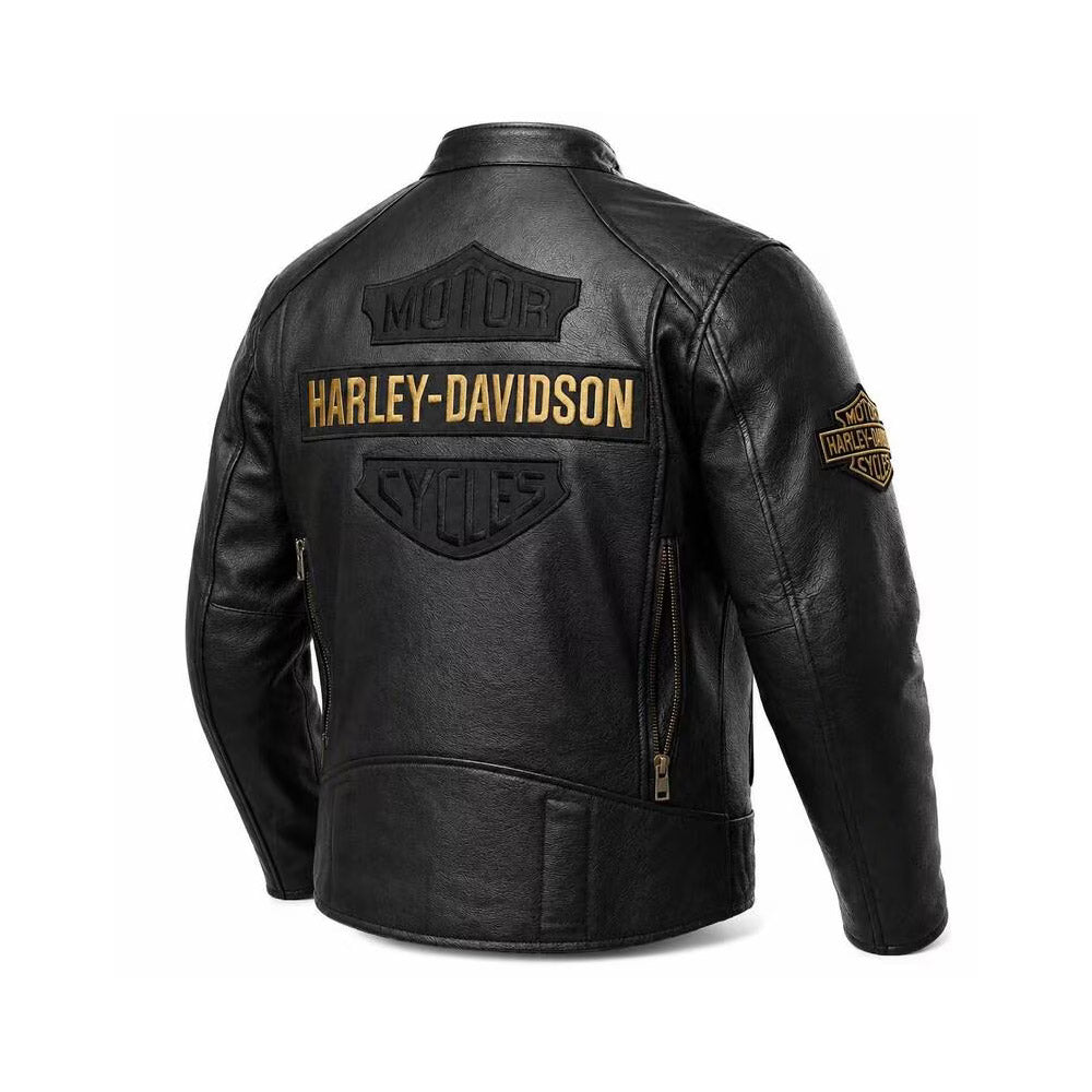 Back view of Harley-Davidson black leather racing jacket with gold Bar and Shield logo