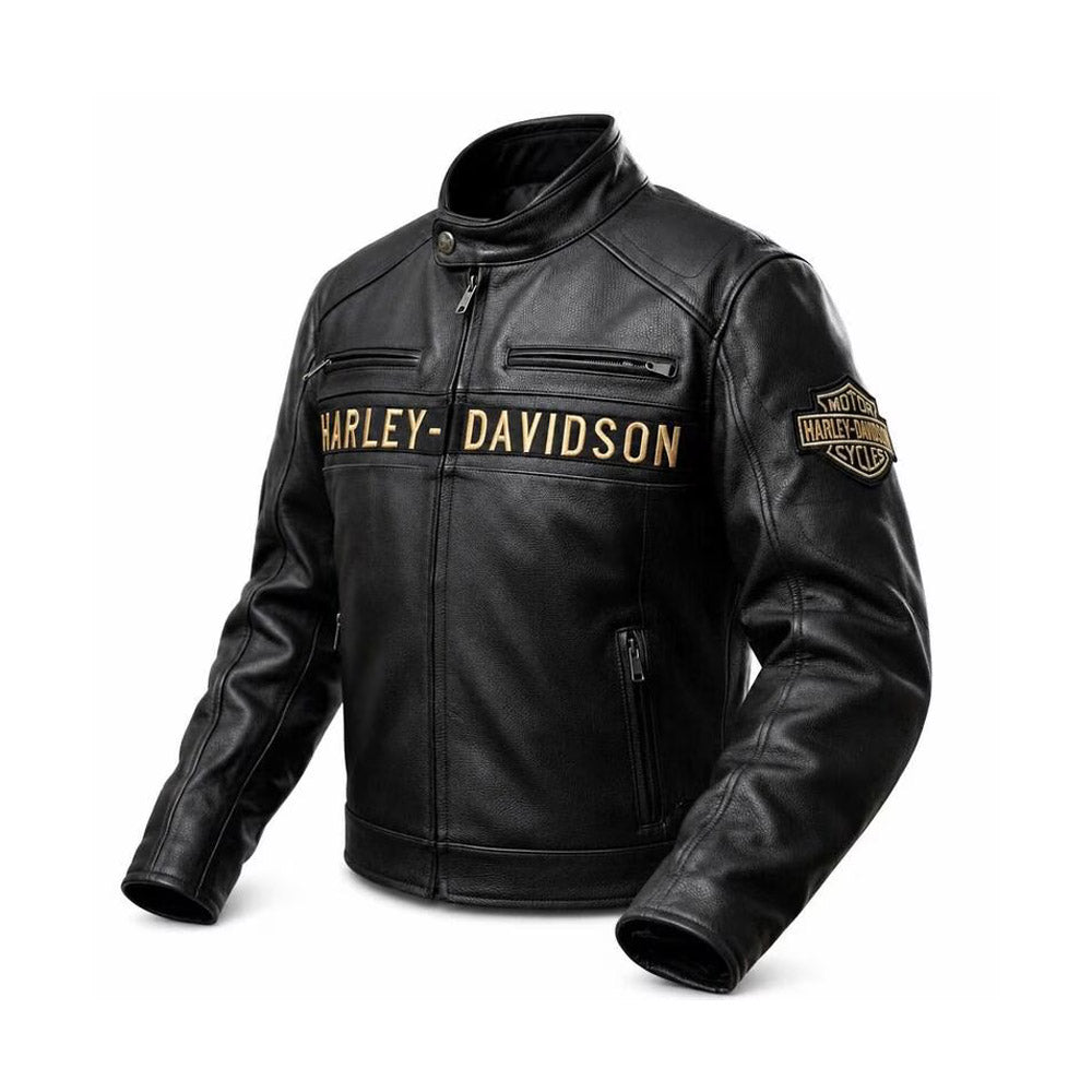 Front view of Harley-Davidson black leather jacket with gold Bar and Shield sleeve patch