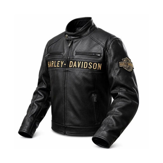 Front view of Harley-Davidson black leather jacket with gold Bar and Shield sleeve patch