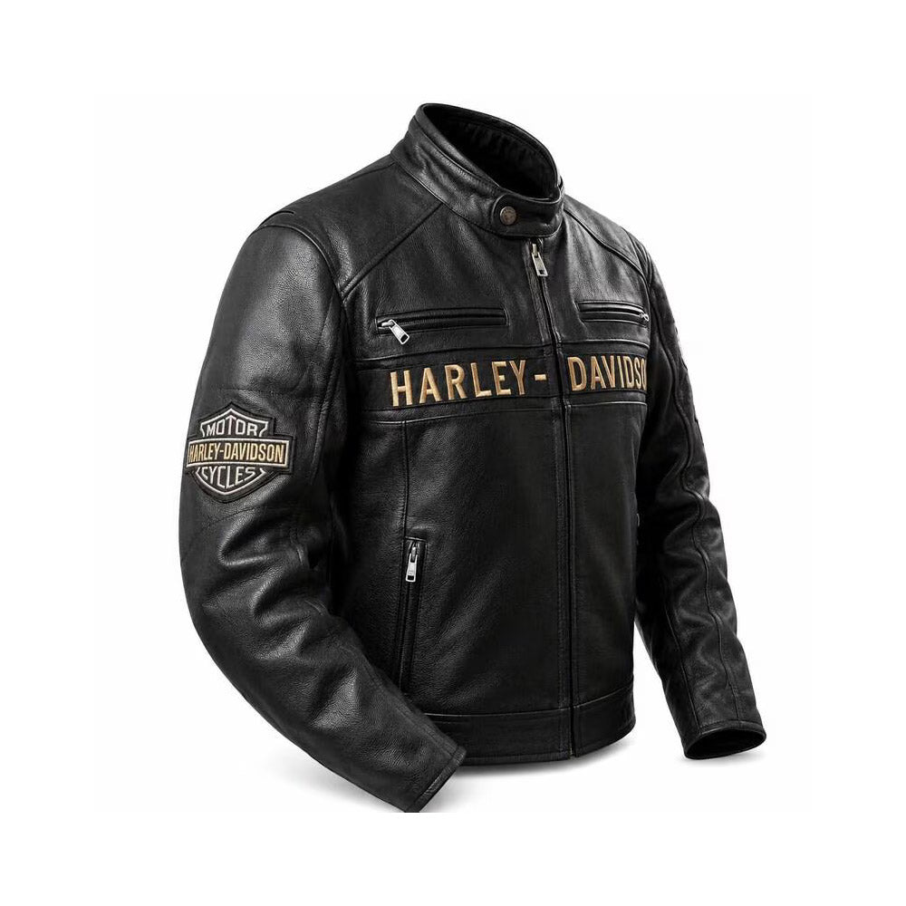 Men's Harley-Davidson black leather racing jacket with gold logo patch, side angle view
