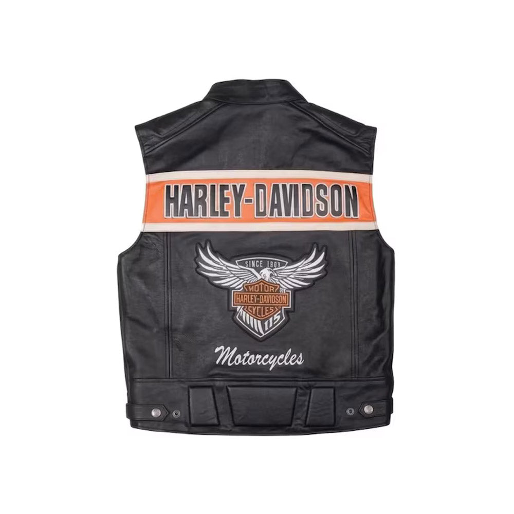 Back view of Harley-Davidson leather vest with eagle patch and orange stripe logo