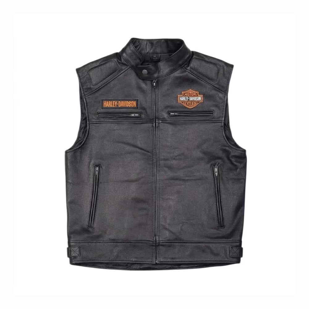 Front view of men's Harley-Davidson black leather motorcycle vest with chest patches