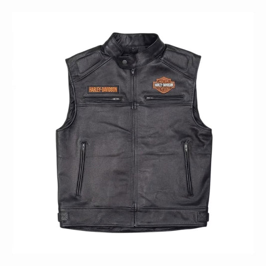 Front view of men's Harley-Davidson black leather motorcycle vest with chest patches