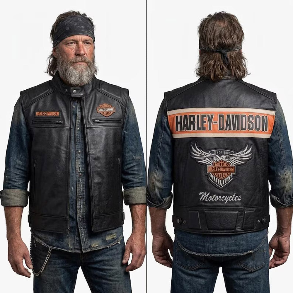 Man wearing Harley-Davidson black leather biker vest over a denim shirt, front and back view