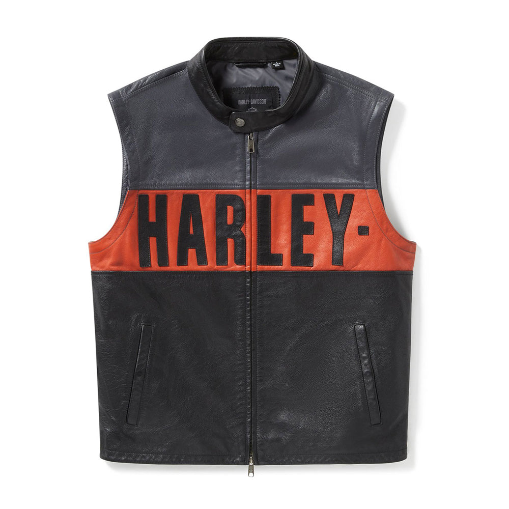 Front view of Harley-Davidson colorblock leather vest with orange panel.