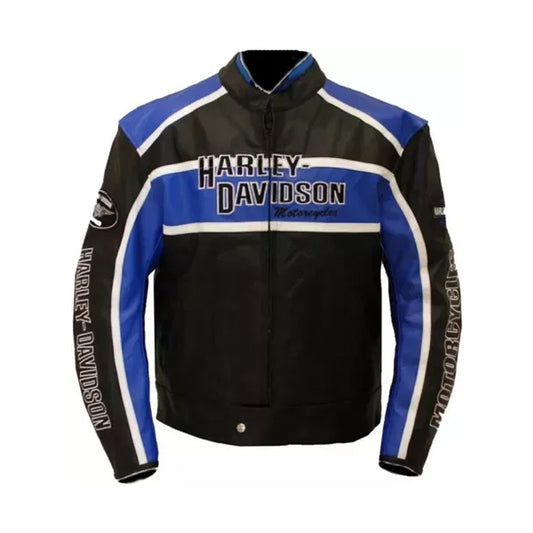 Front view of Men's Harley-Davidson blue cruiser motorcycle jacket with indigo-dyed leather panels and bold chest branding.