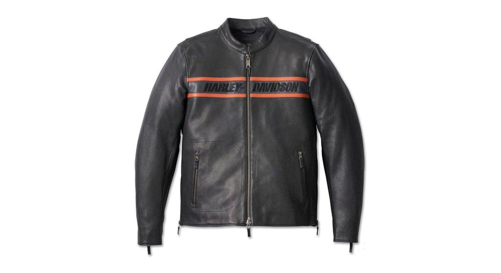 Men's black Harley-Davidson cafe racer leather jacket with orange racing stripe