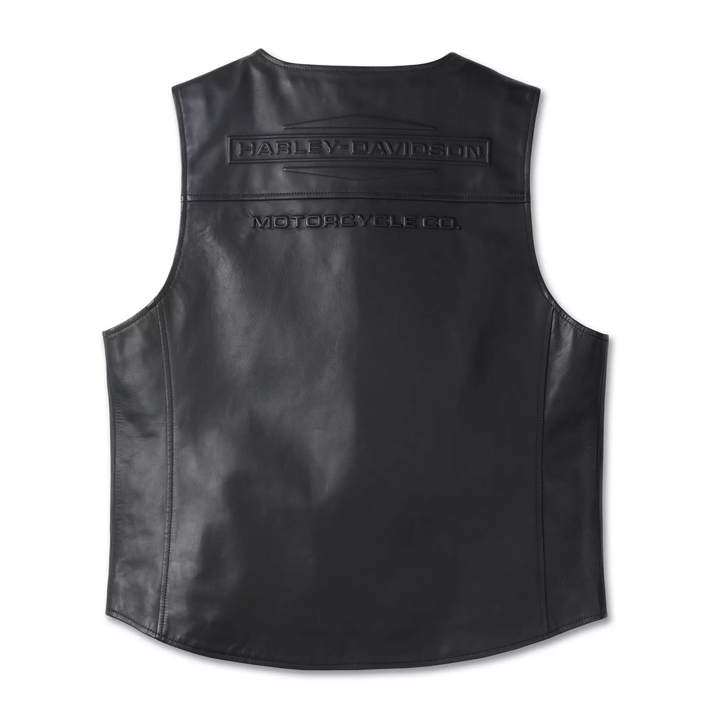Embossed back panel on Harley-Davidson City Limits black leather vest.