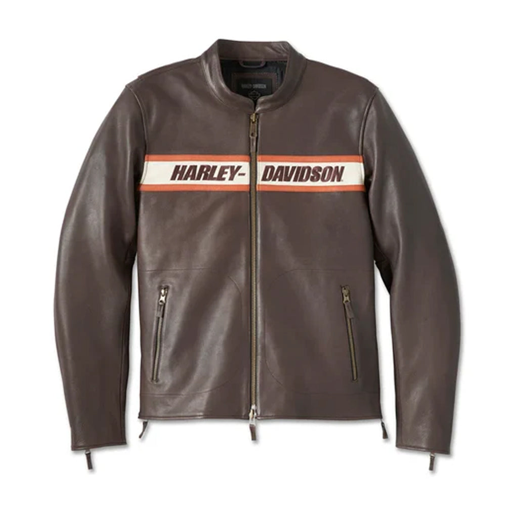 Front view of a Men's Harley-Davidson brown cowhide leather jacket featuring orange and white racing stripes with high-density embroidered branding.