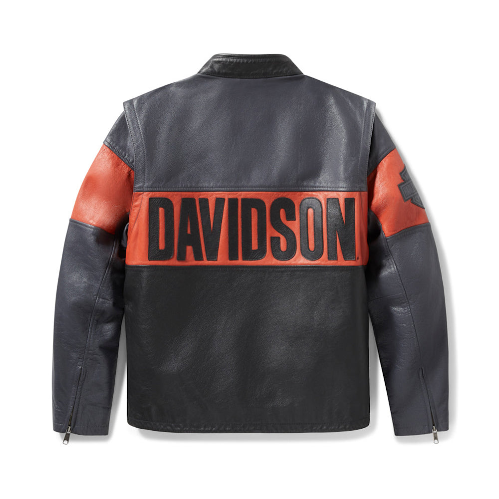 Back view of men's Harley Essential convertible leather jacket orange.