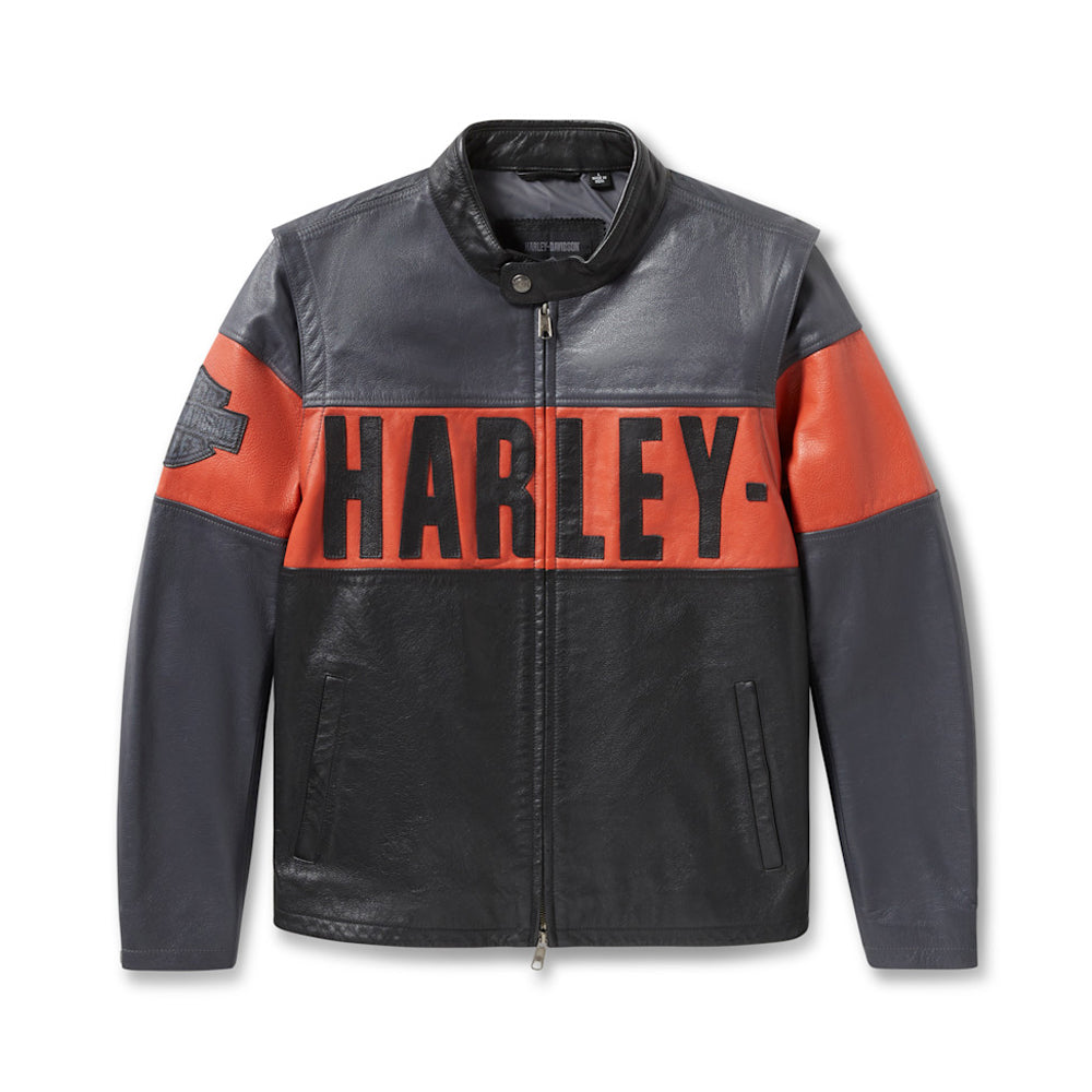 Front view of men's Harley Essential convertible leather riding jacket.