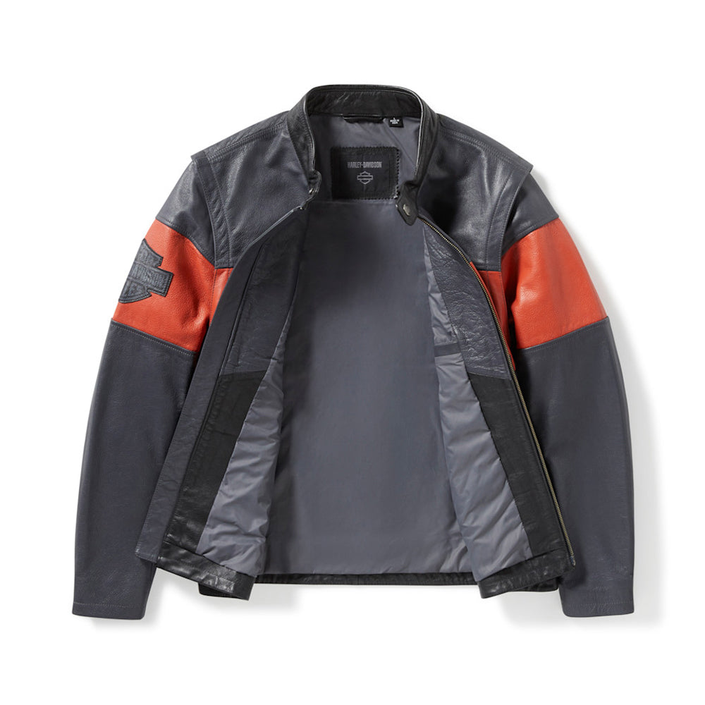 Inner nylon lining view of men's Harley Essential leather jacket.