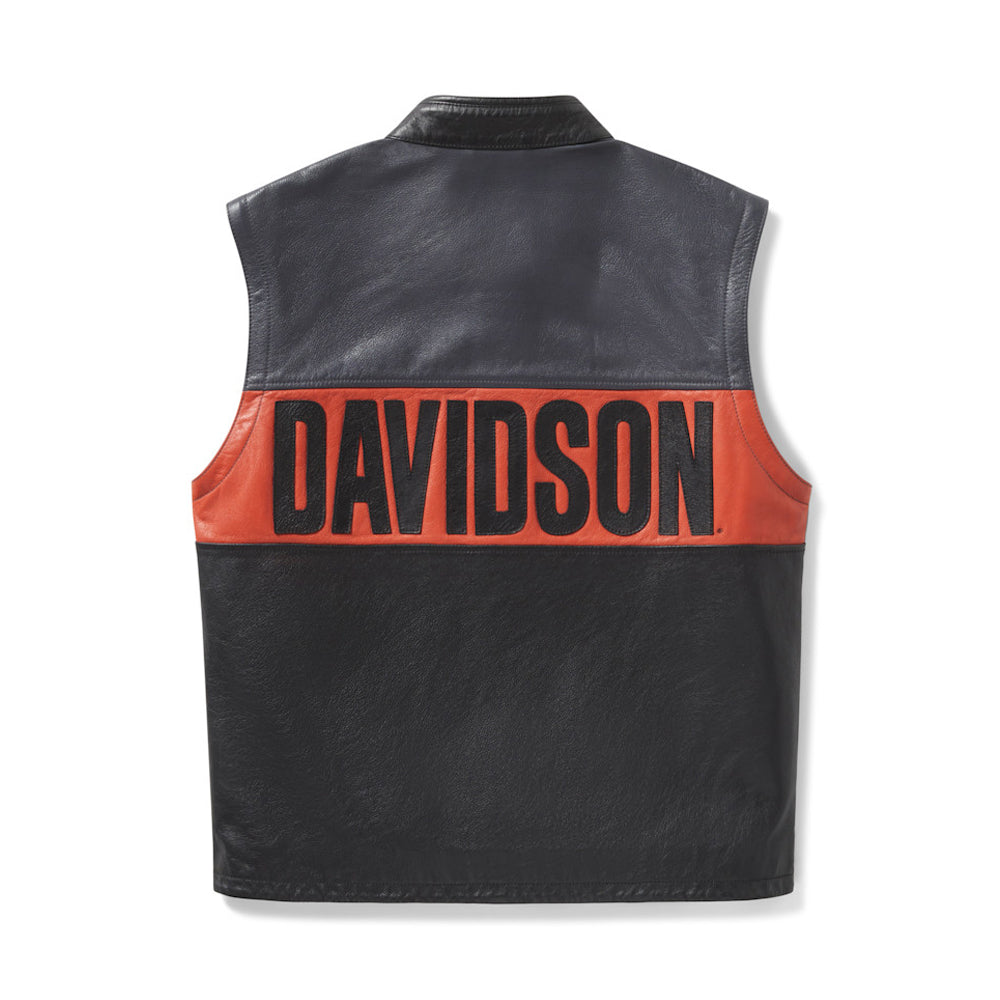 Back view of men's Harley Essential leather vest with Davidson block.