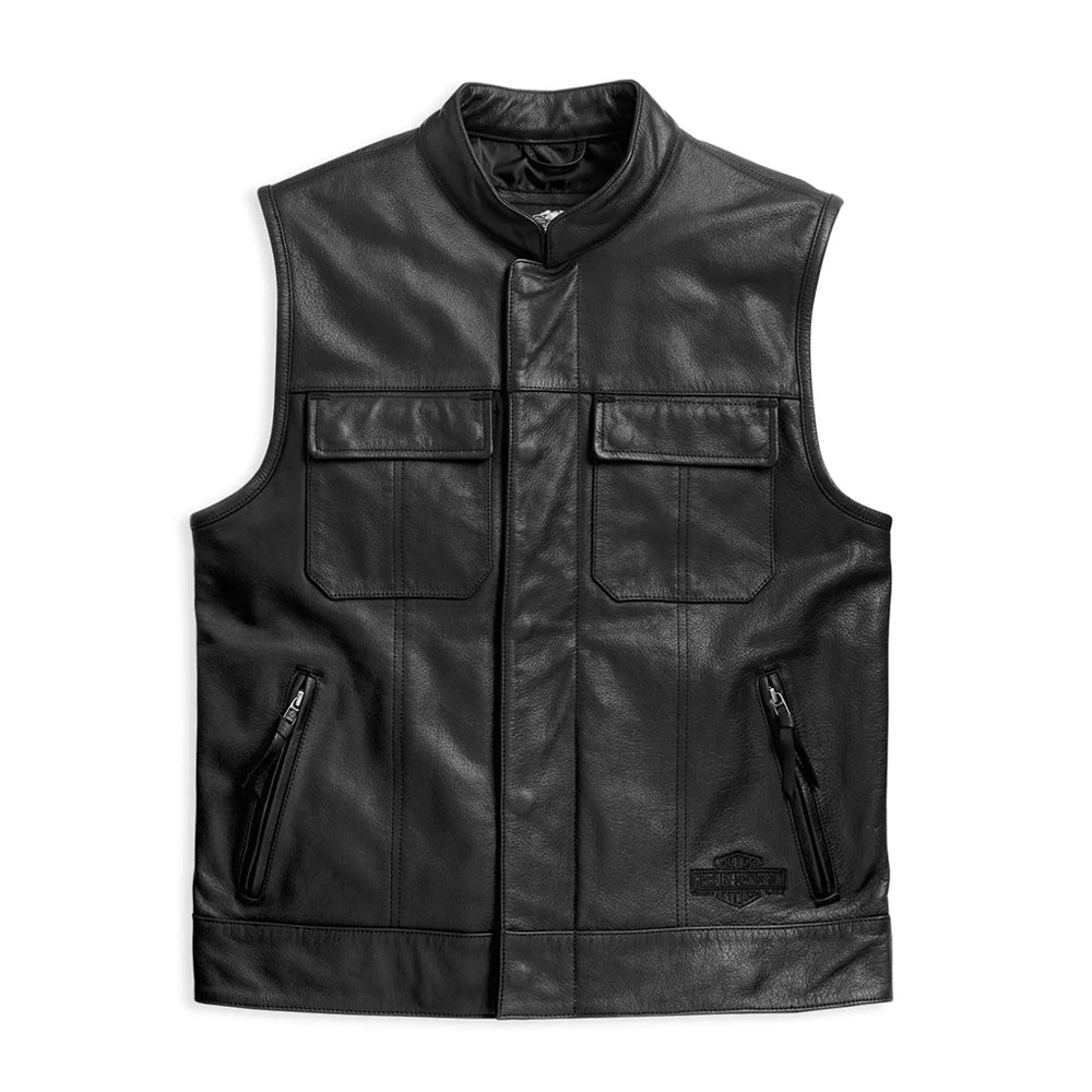 Front view of Harley-Davidson Foster matte buffalo leather biker vest.