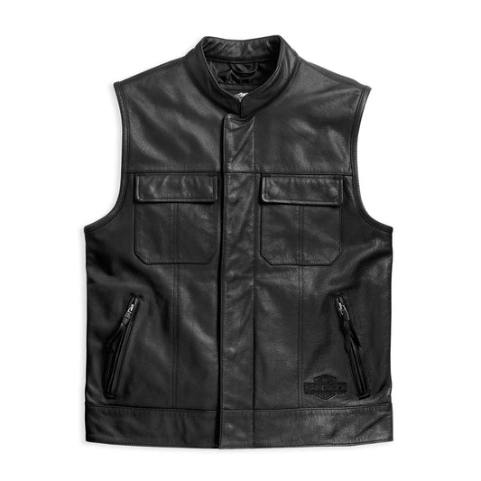 Front view of Harley-Davidson Foster matte buffalo leather biker vest.