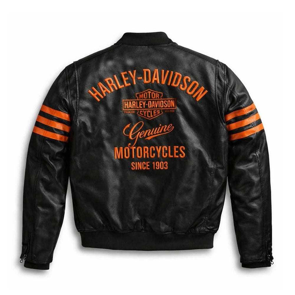Back view of men's Harley Genuine Motorcycles embroidered bomber jacket.