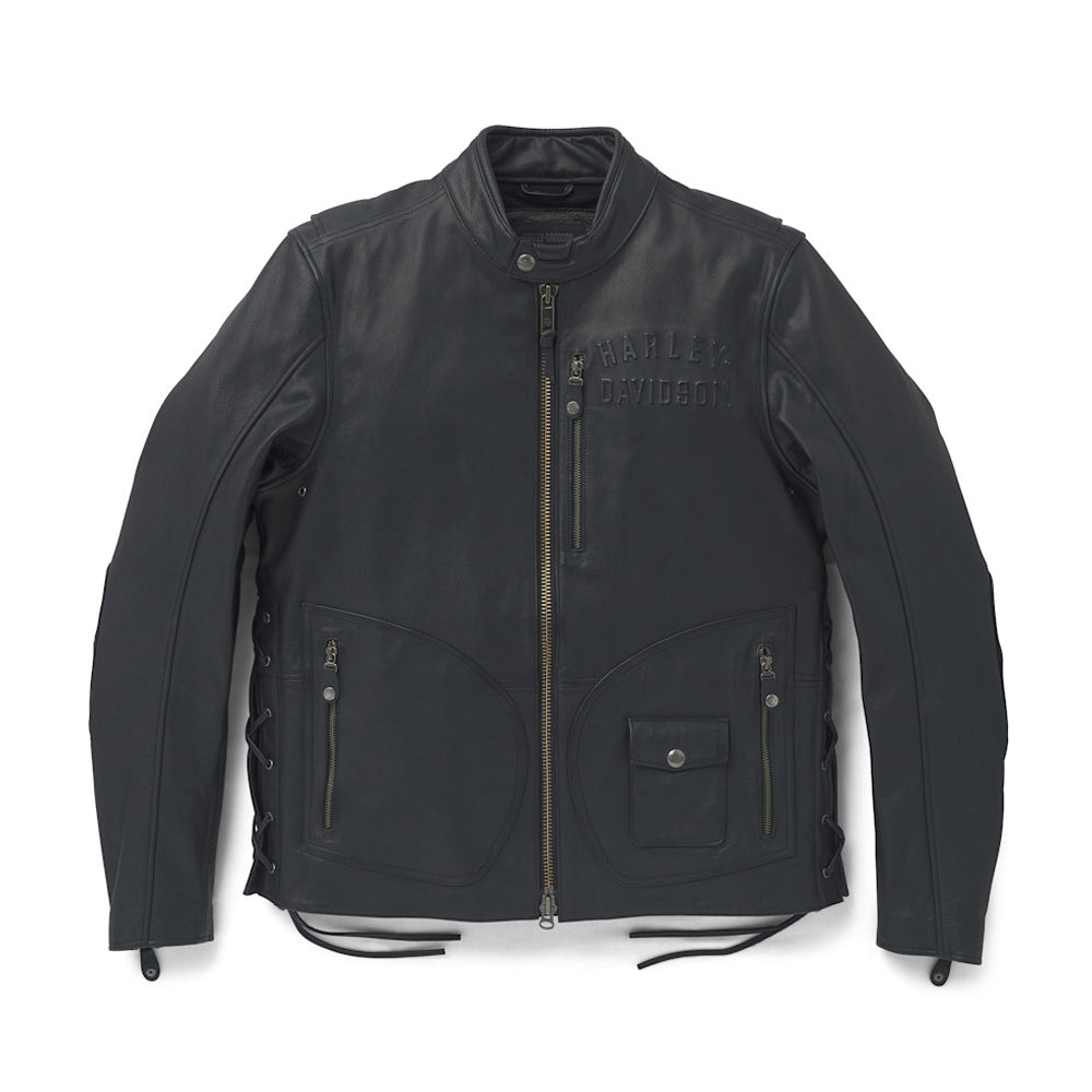 Front view of Men's Harley-Davidson Panhead III buffalo leather riding jacket with embossed branding and signature D-pockets.