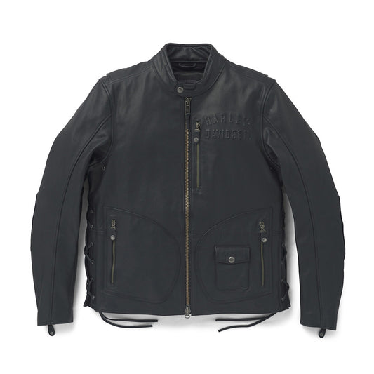 Front view of Men's Harley-Davidson Panhead III buffalo leather riding jacket with embossed branding and signature D-pockets.
