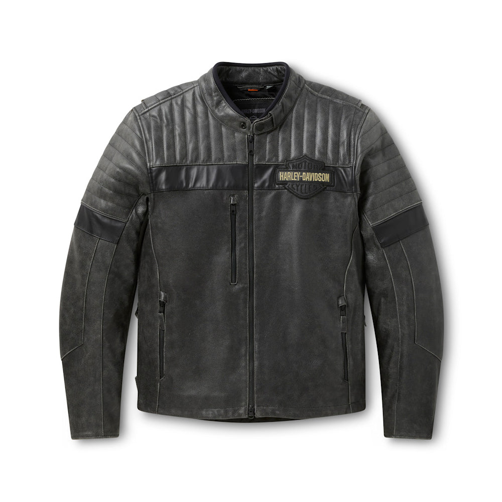 Front view of Men's Harley-Davidson Passing Link III distressed leather motorcycle jacket with embroidered patches.