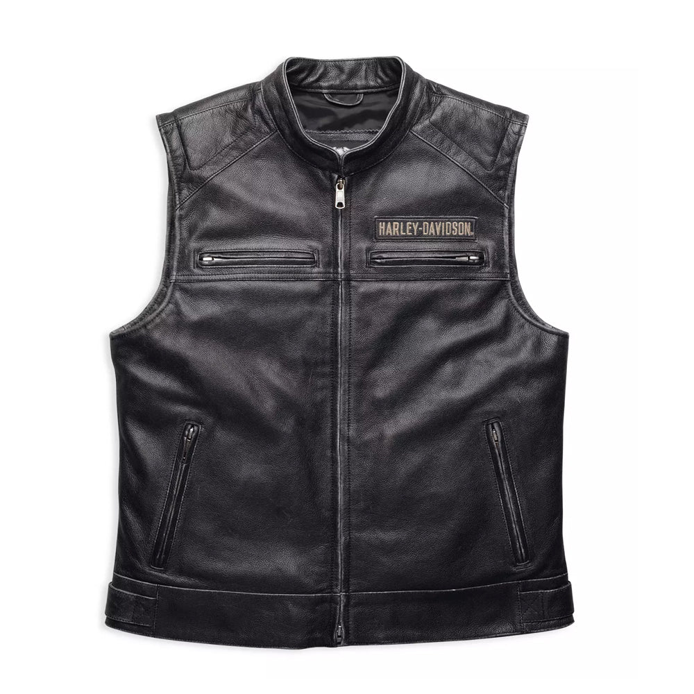 Front view of Harley-Davidson Passing Link distressed leather vest.