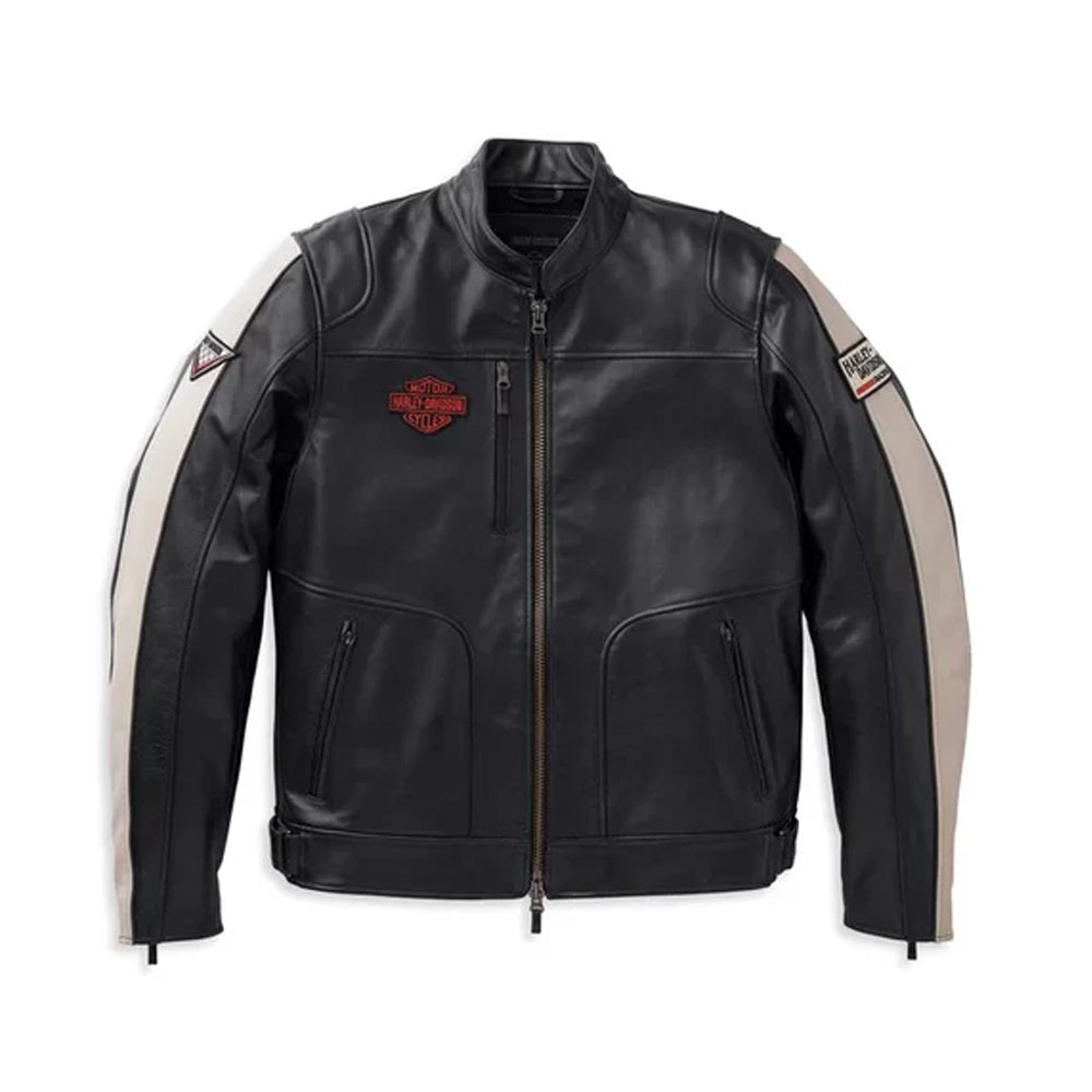 Front view of a Men's Harley-Davidson racing leather jacket in black with cream sleeve stripes and iconic orange chest logo.