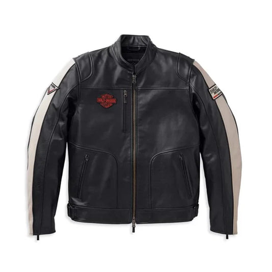 Front view of a Men's Harley-Davidson racing leather jacket in black with cream sleeve stripes and iconic orange chest logo.