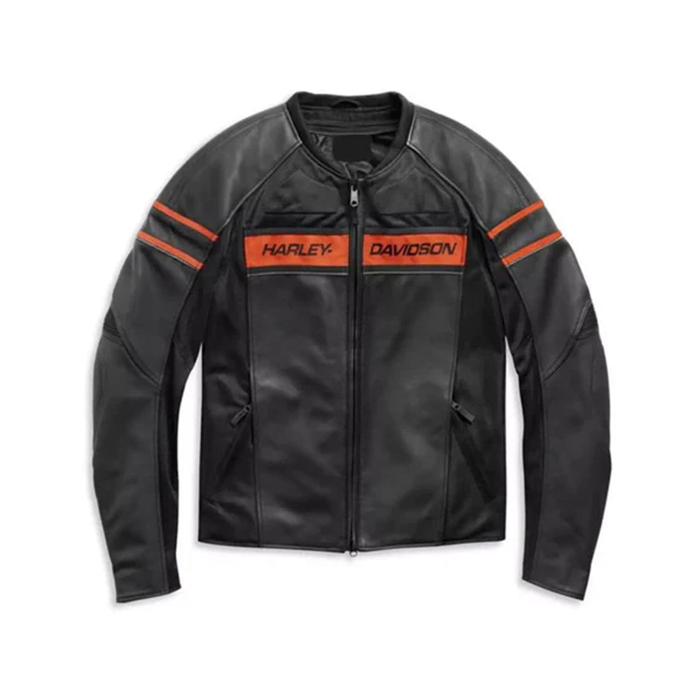Front view of Men's Harley-Davidson racing leather jacket with orange chest branding and ergonomic riding fit.