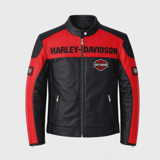 Front view of men's Harley-Davidson red and black leather biker jacket with logo patches