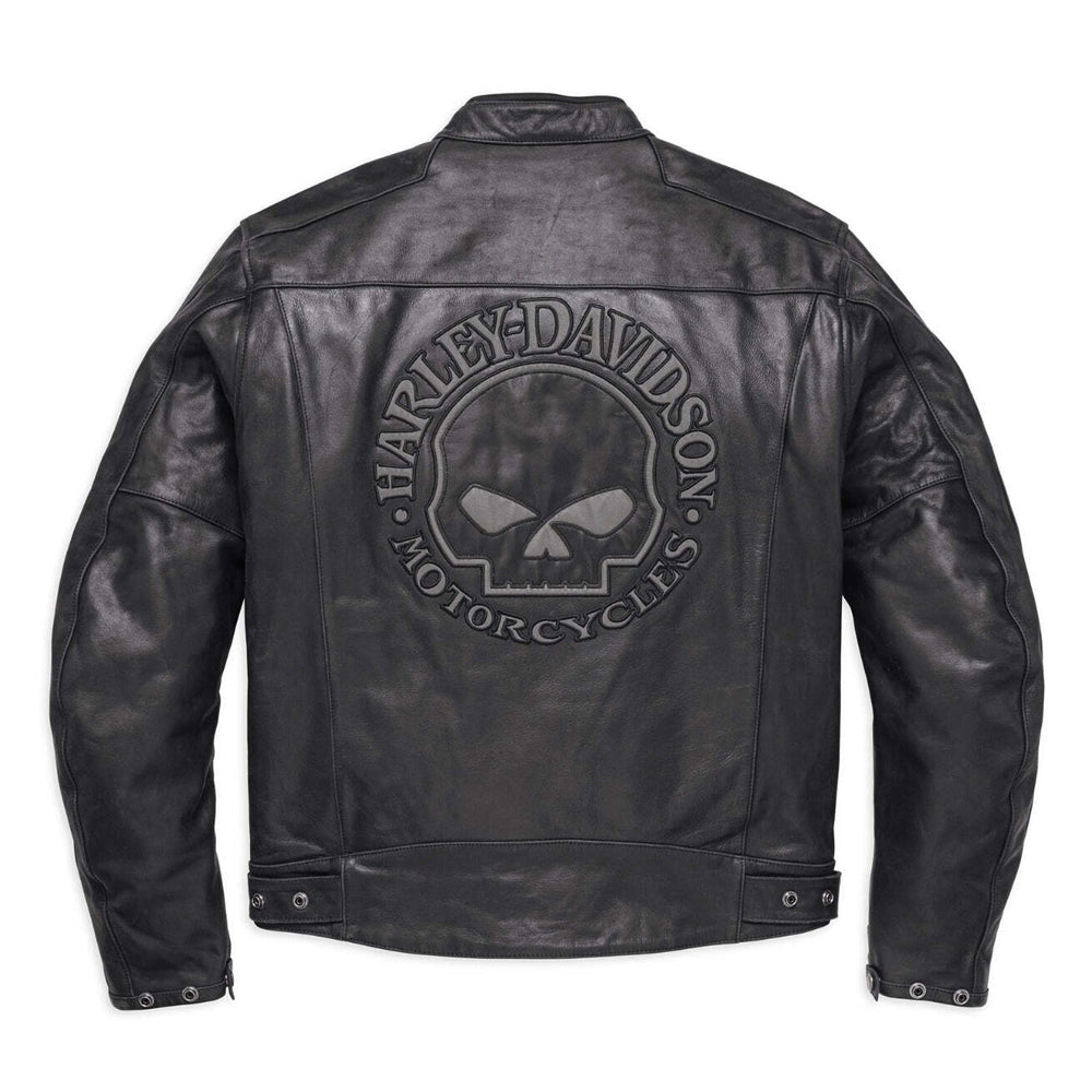 Back view of men's Harley reflective Willie G Skull leather jacket.