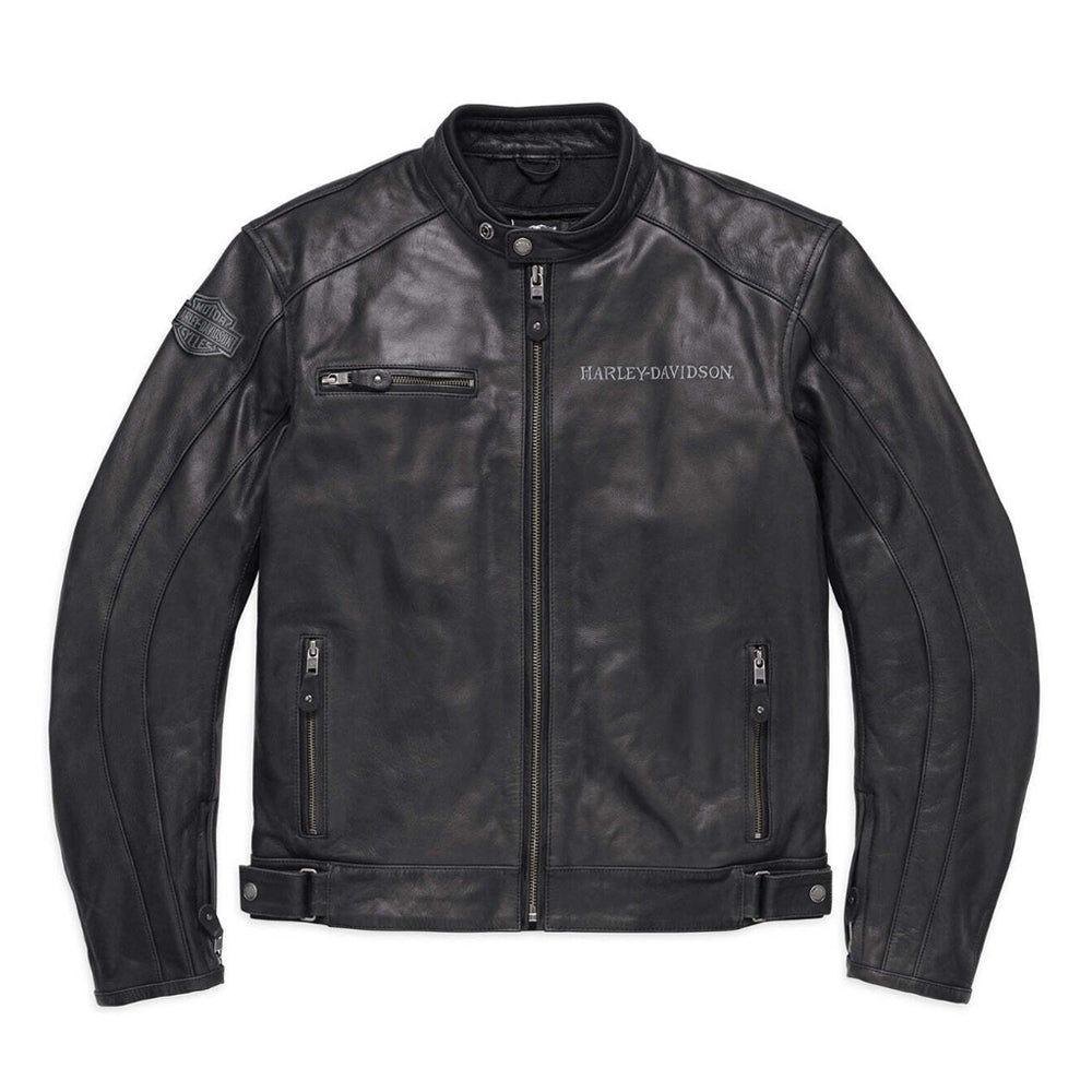 Front view of men's Harley armored black buffalo leather jacket.
