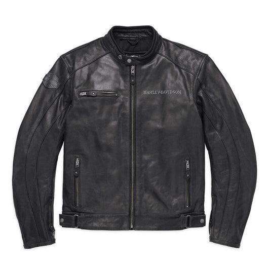 Front view of men's Harley armored black buffalo leather jacket.