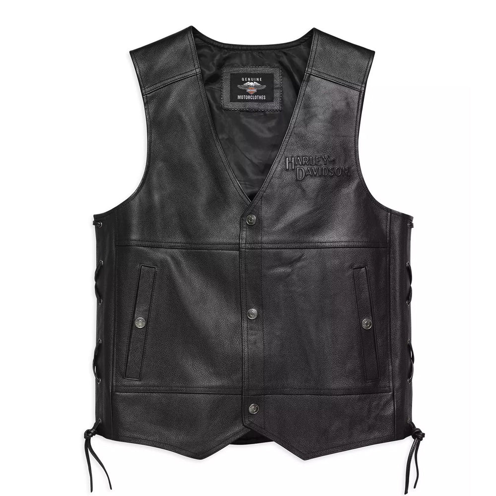 Front view of Harley-Davidson Tradition II side-lace leather vest.