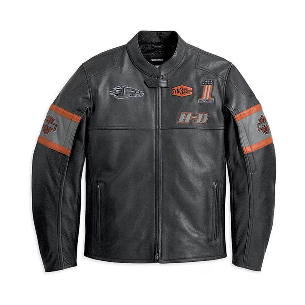 Front view of black Harley-Davidson leather motorcycle jacket with orange racing stripes and authentic embroidered patches.