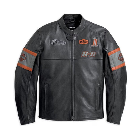 Front view of black Harley-Davidson leather motorcycle jacket with orange racing stripes and authentic embroidered patches.