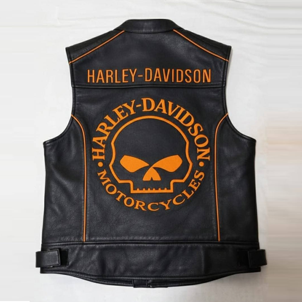 Embroidered Willie G Skull back on Harley-Davidson black leather vest.