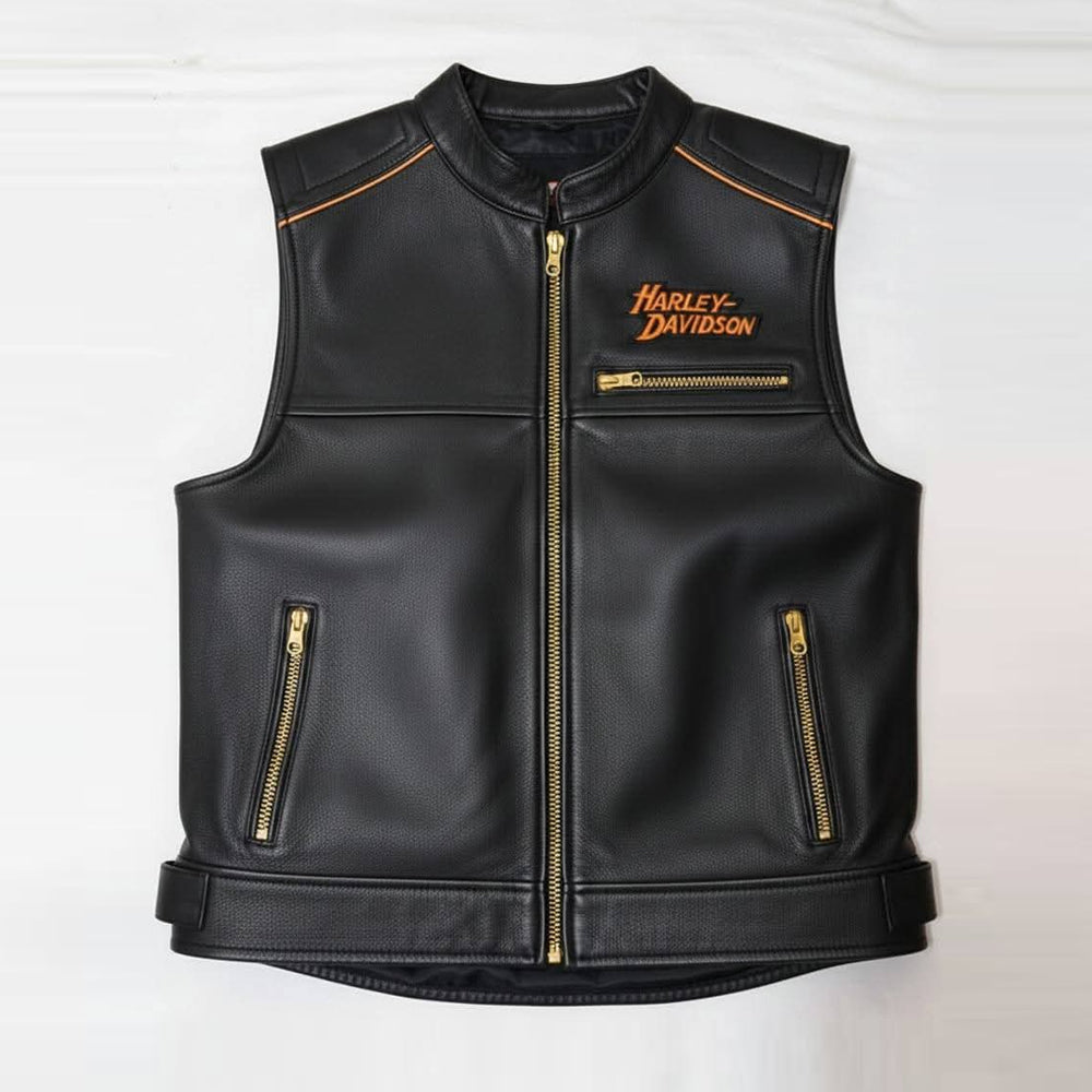 Front view of Harley-Davidson Willie G Skull vest with orange piping.