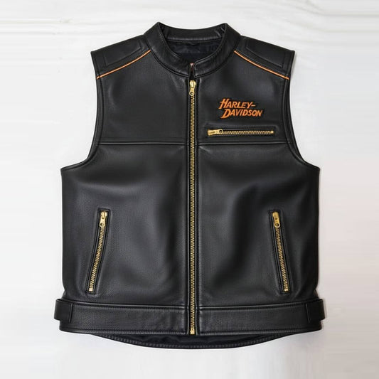 Front view of Harley-Davidson Willie G Skull vest with orange piping.