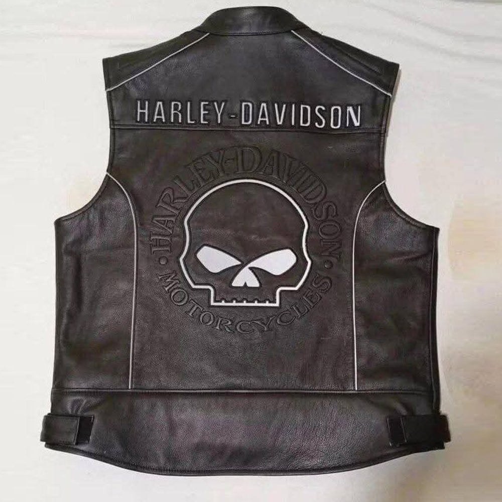 Back view of men's Harley embossed Willie G Skull leather biker vest.