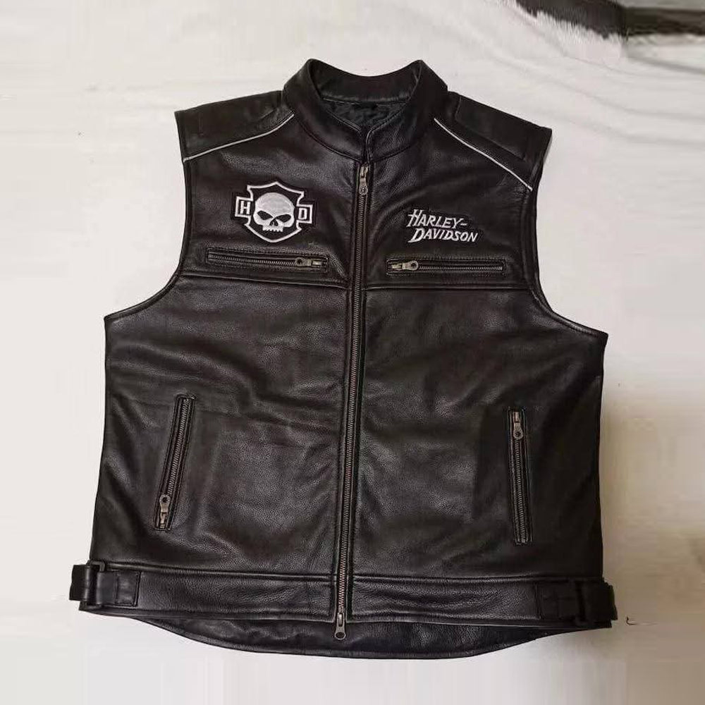 Front view of men's Harley Willie G Skull black leather riding vest.