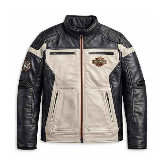 Front view of men's Harley Windale cream and black riding jacket.