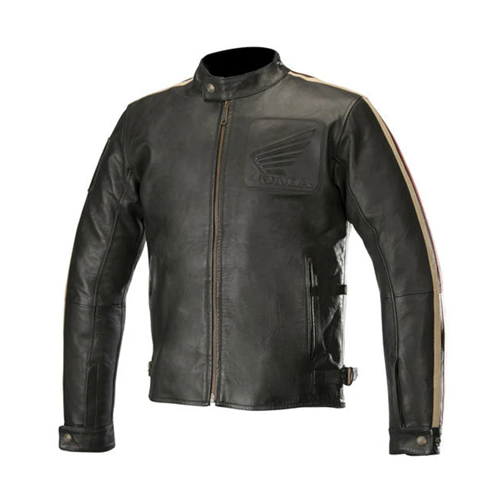Front View of Mens Honda Retro Vintage Leather Jacket in Matt Black
