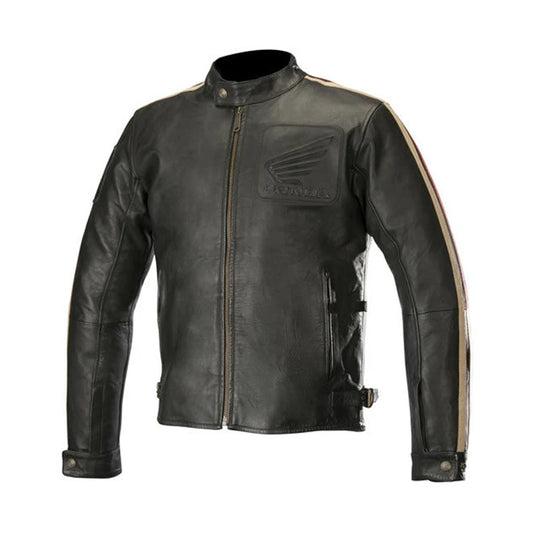 Front View of Mens Honda Retro Vintage Leather Jacket in Matt Black