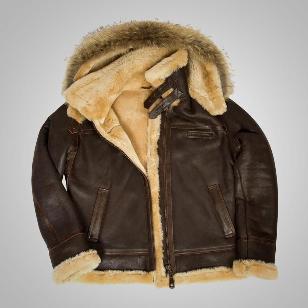 Flat studio view of men's hooded B3 aviator jacket unzipped displaying full interior golden beige fur