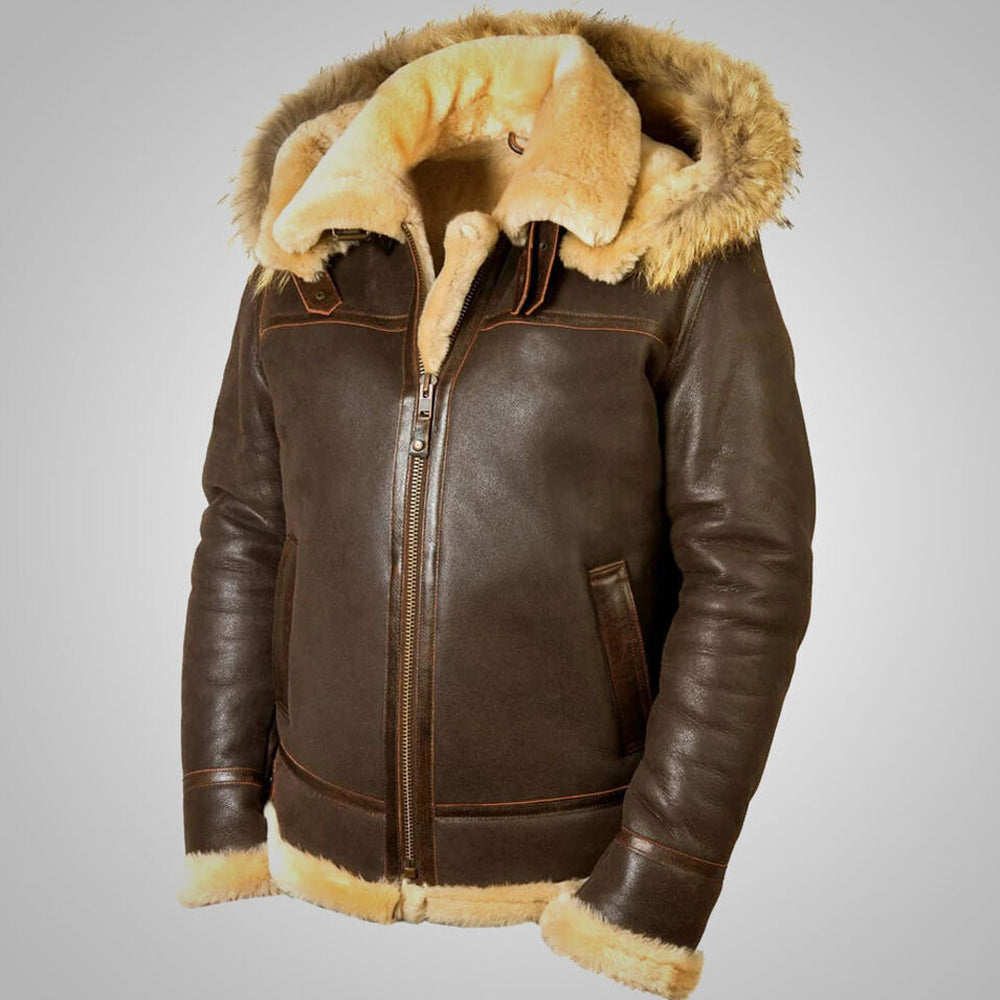 Front view of men's hooded B3 shearling leather jacket in antiqued mocha brown with fur trimmed hood
