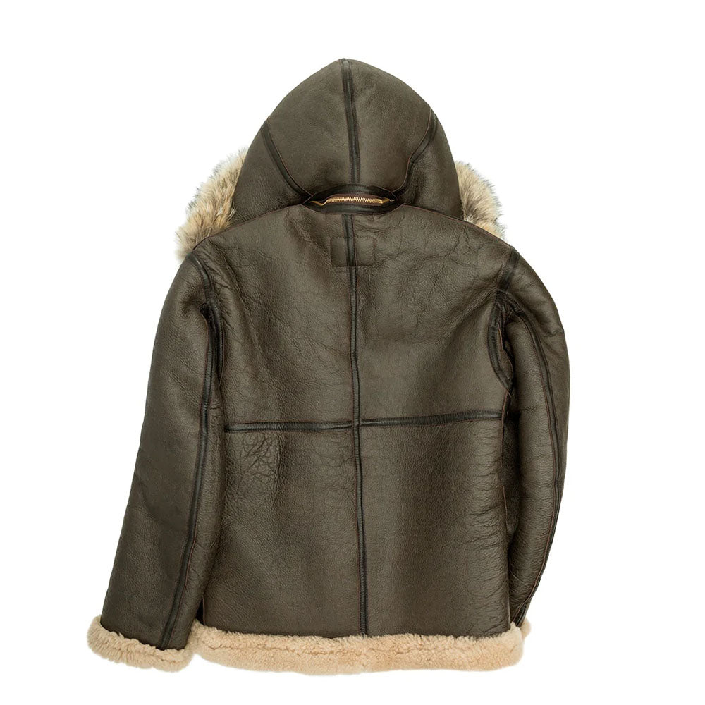 Rear profile of men's hooded shearling bomber jacket showing zip-off hood attachment and welted leather seams.