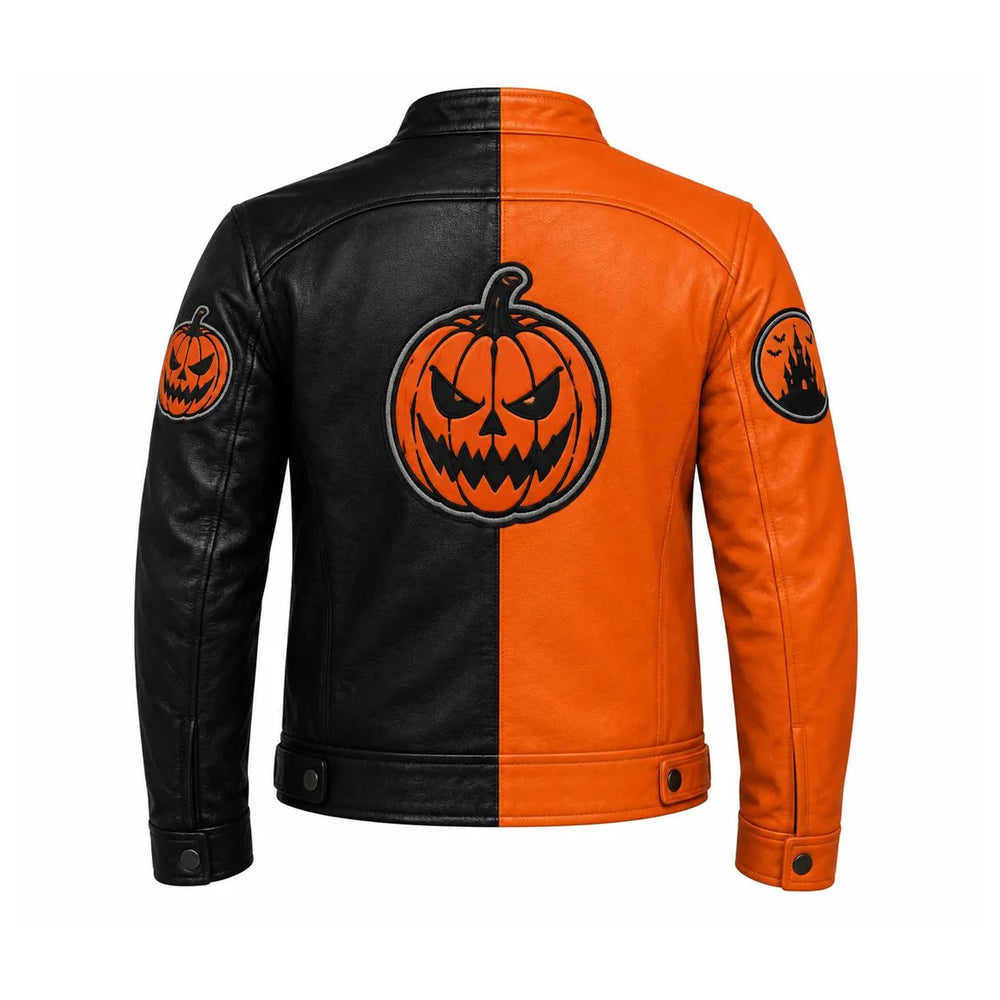 Back view of two-tone cowhide jacket with oversized jack-o’-lantern appliqué