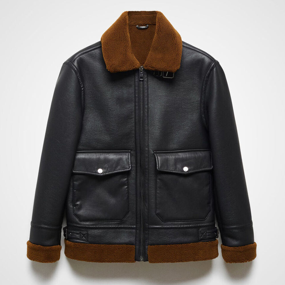 Flat front studio view of men's jet black B3 aviator shearling jacket with tobacco brown fur collar and cargo pockets