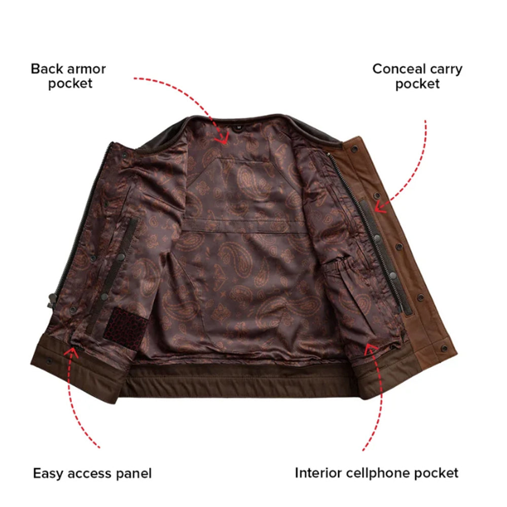 Interior of men's leather biker vest showing back armor, concealed-carry, phone and lining-access pockets